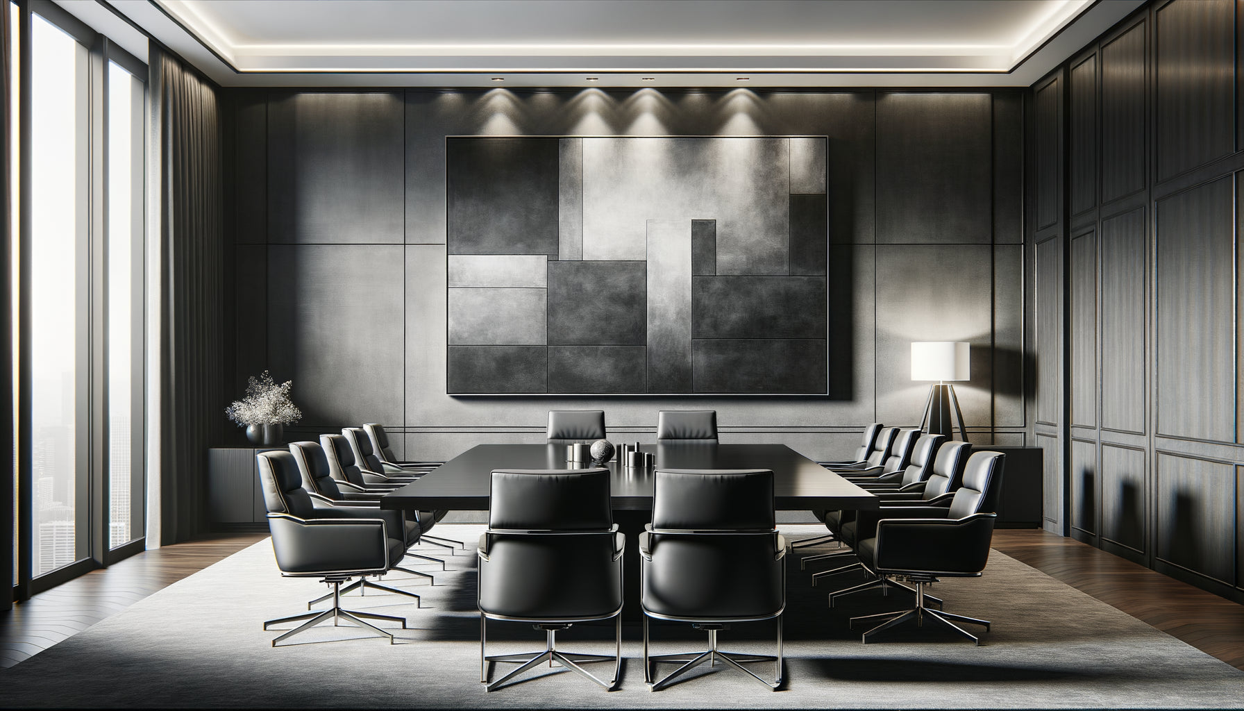 Tableau abstrait monochrome sophistiqué en tons gris dans une salle de conseil d'administration moderne et élégante