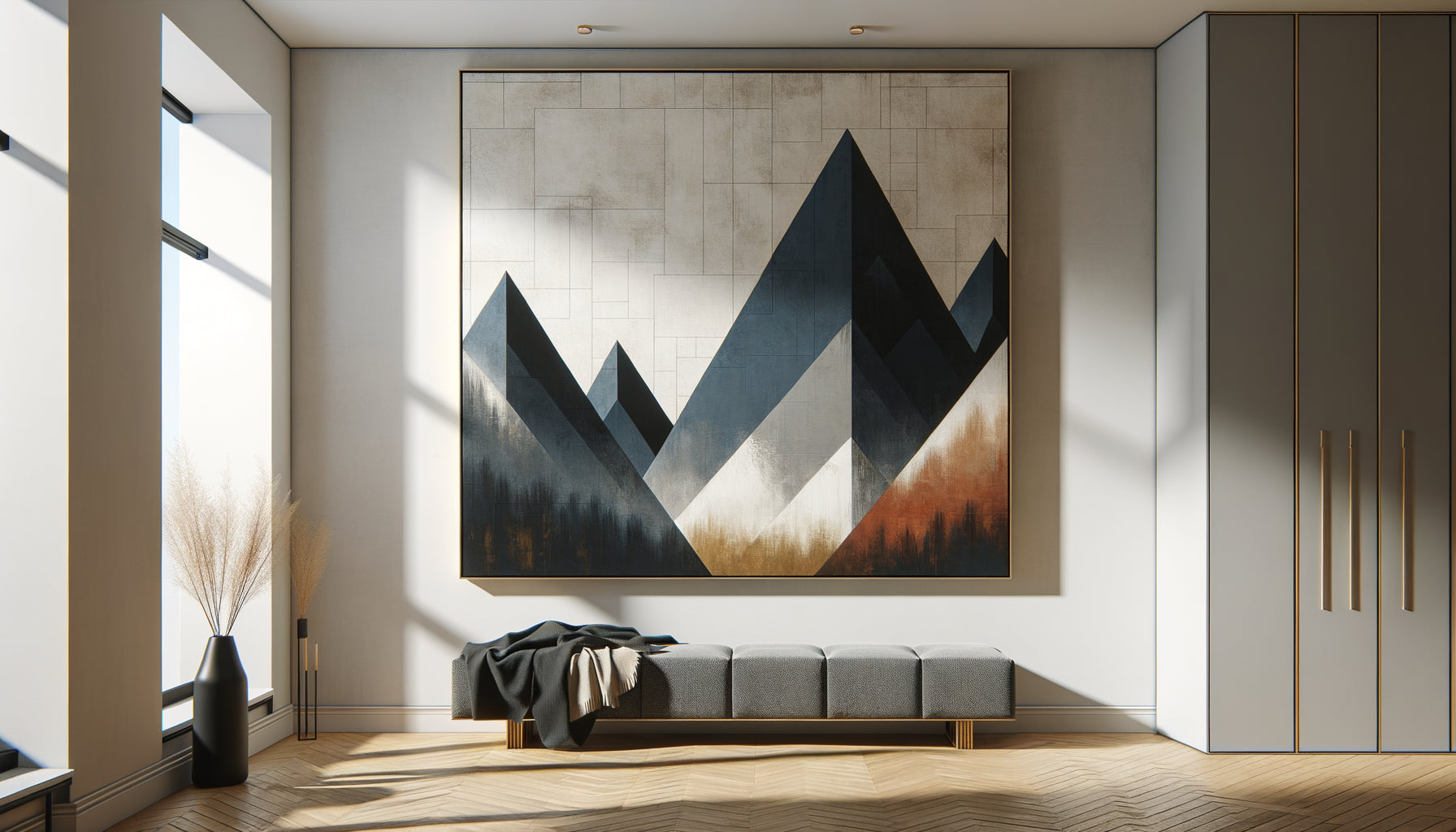 Tableau abstrait de montagnes aux tons bleus et terracotta dans un Airbnb urbain contemporain avec décoration minimaliste