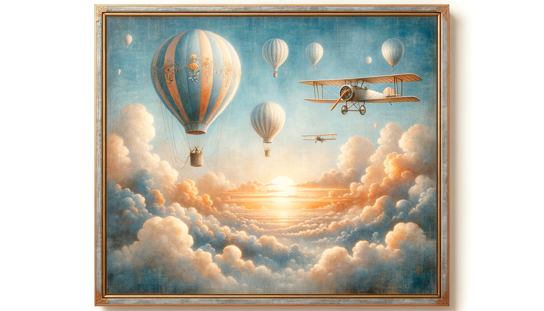 Tableau décoratif vintage de montgolfières et avions anciens dans un ciel doré inspirant l'aventure et les rêves d'évasion