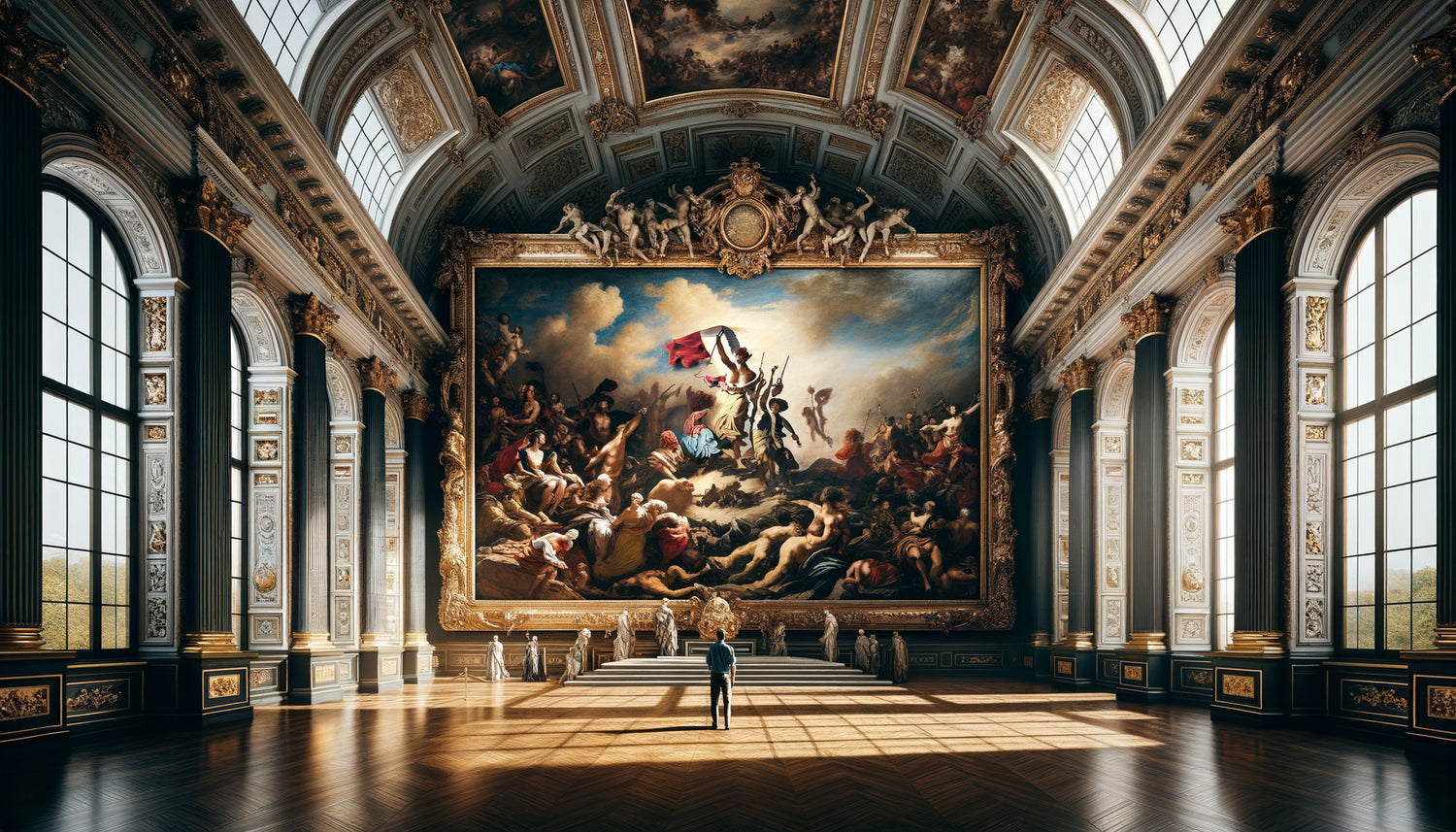 Tableau monumental historique dans cadre doré imposant, perspective montrant l'échelle écrasante de l'œuvre dans un hall palatial classique