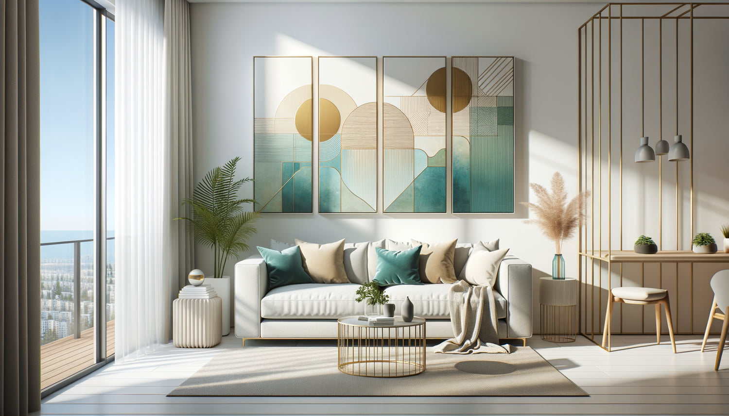 Tableau triptyque moderne au-dessus d'un canapé dans location meublée contemporaine lumineuse