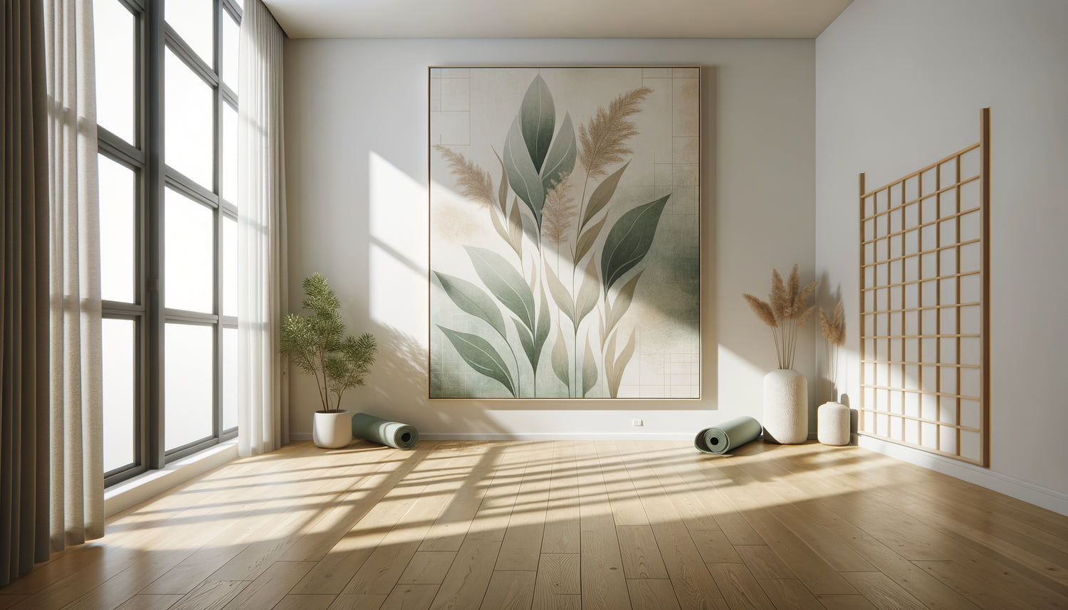 Grand tableau abstrait botanique aux tons apaisants dans un studio de yoga moderne avec mur blanc