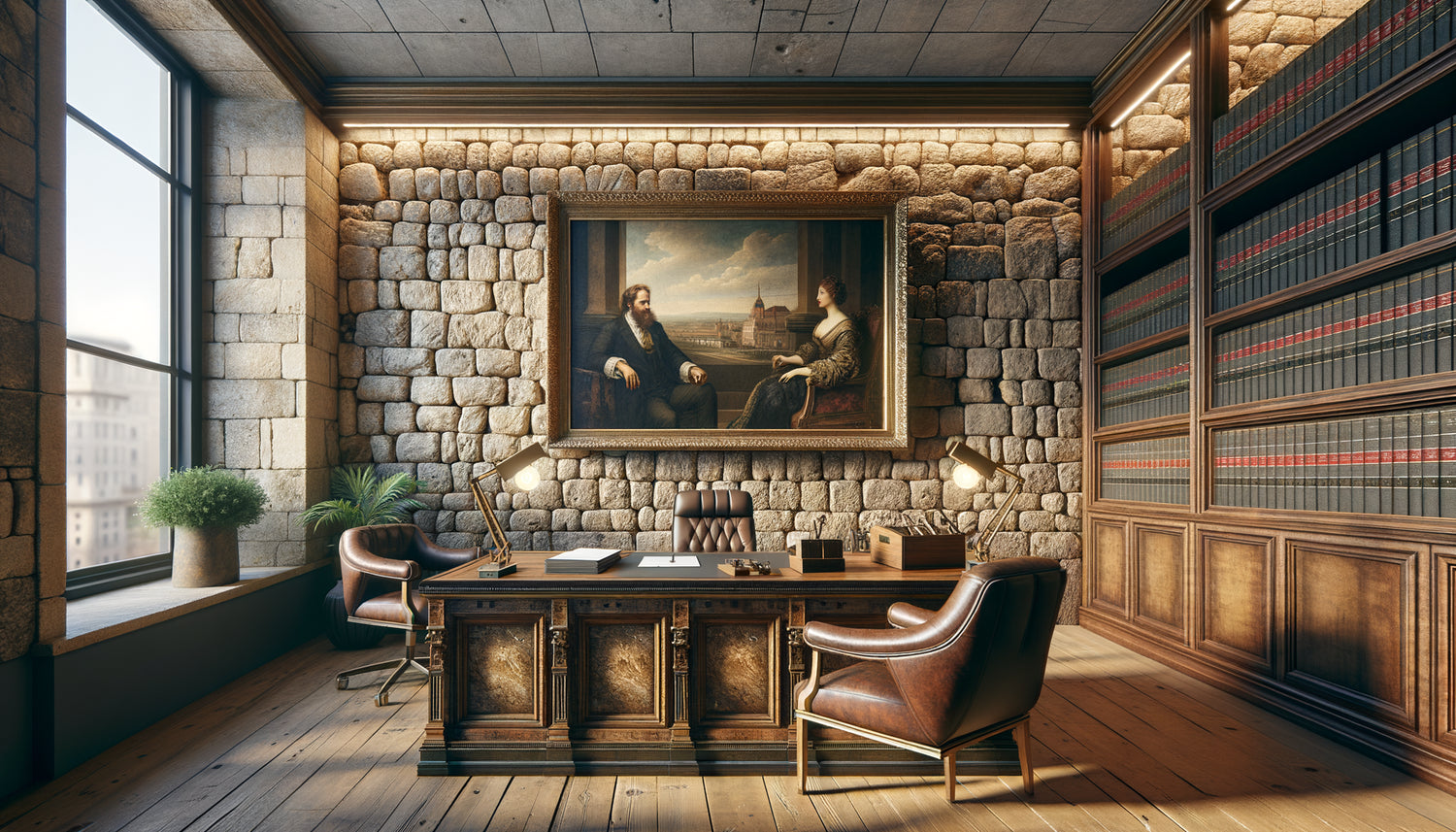 Cabinet professionnel historique avec mur en pierre apparente valorisé par un grand tableau contemporain aux proportions harmonieuses