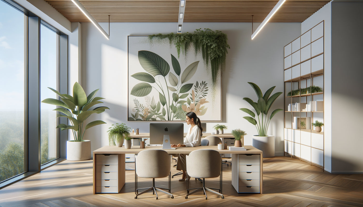 Bureau contemporain lumineux avec tableau mural abstrait végétal apaisant, ambiance professionnelle sereine favorisant le bien-être