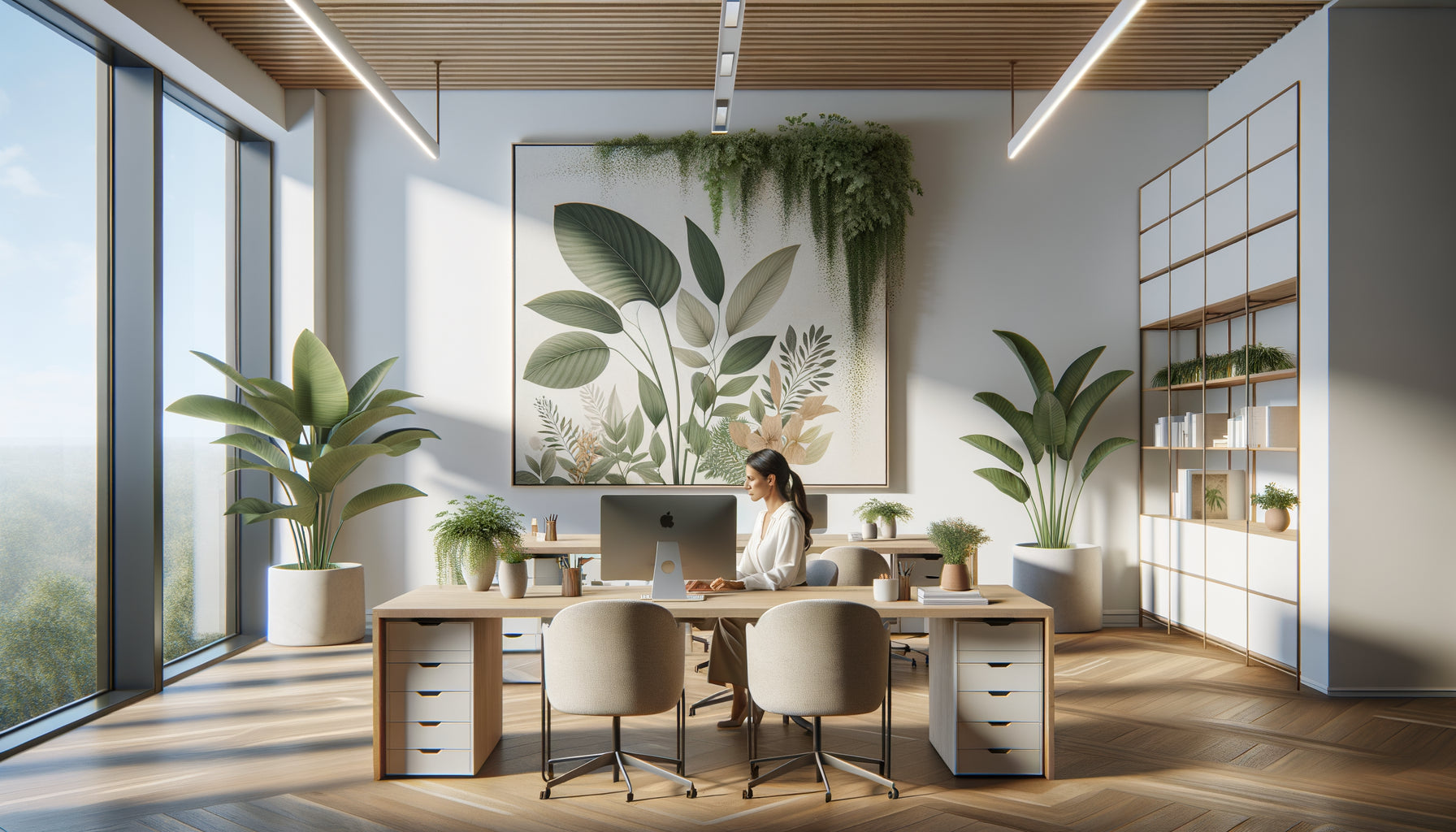 Bureau contemporain lumineux avec tableau mural abstrait végétal apaisant, ambiance professionnelle sereine favorisant le bien-être