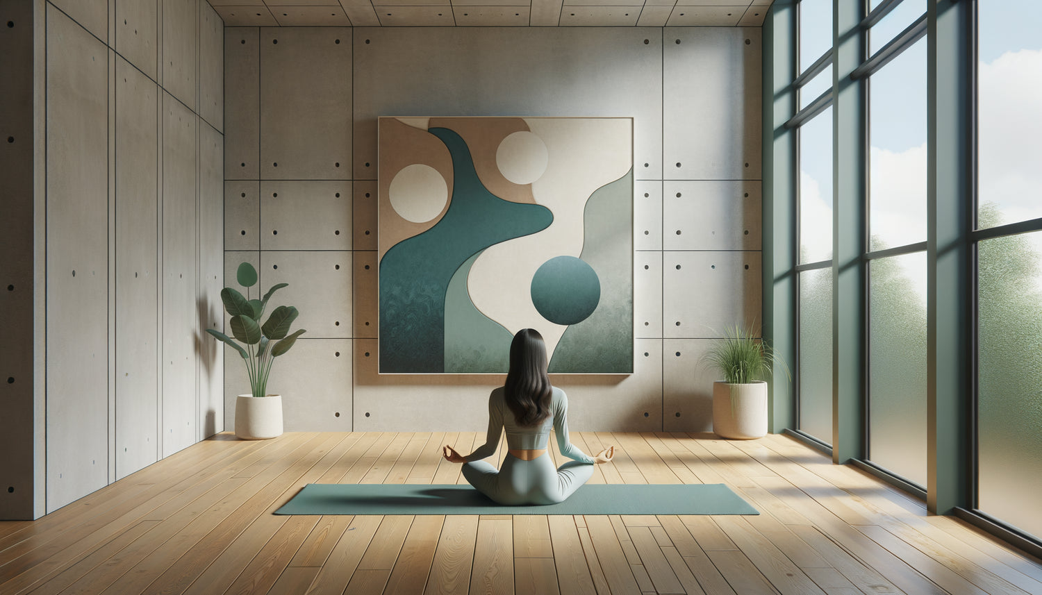 Studio Pilates minimaliste avec pratiquante concentrée face à un tableau mural abstrait aux tons apaisants, ambiance zen contemporaine