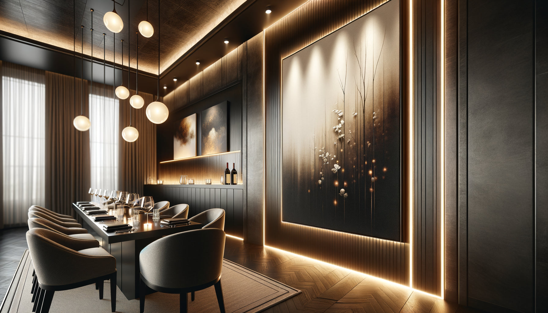 Restaurant moderne avec tableau mural à éclairage LED intégré créant une ambiance chaleureuse