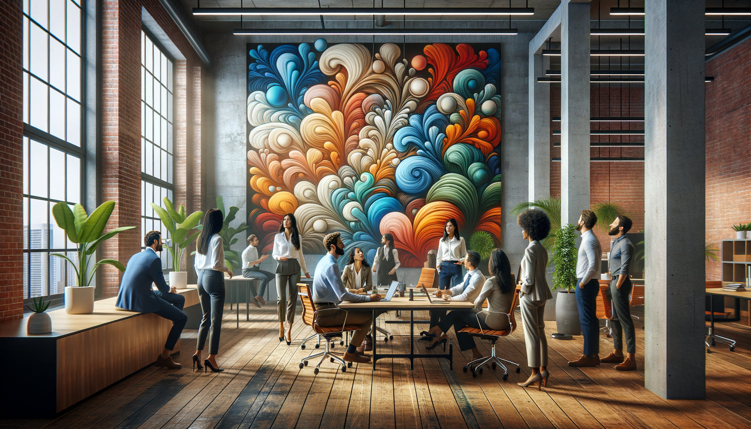 Équipe collaborative réunie devant un grand tableau mural coloré dans un espace de travail moderne et lumineux