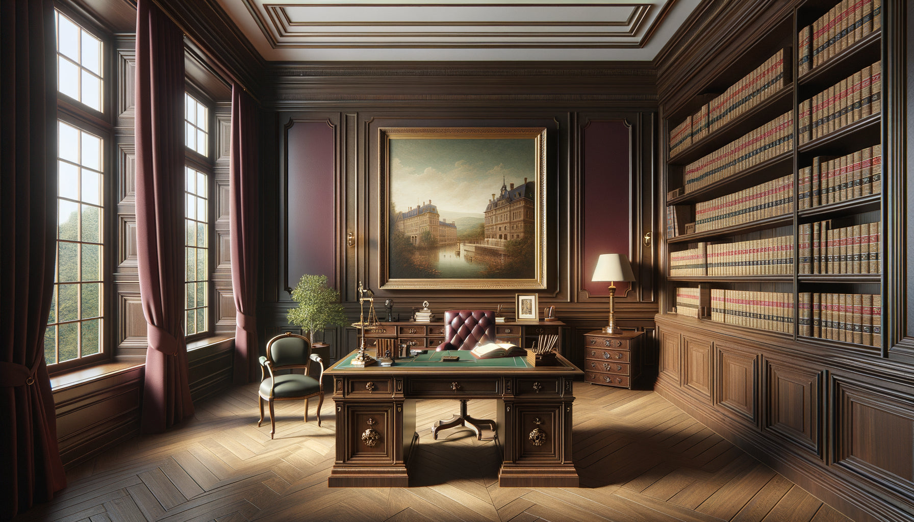 Tableau mural classique dans étude notariale traditionnelle avec boiseries et ambiance professionnelle sobre