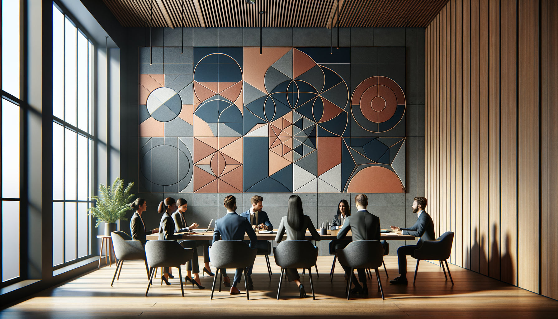 Salle de réunion moderne avec tableau mural géométrique aux motifs structurants favorisant la concentration collective