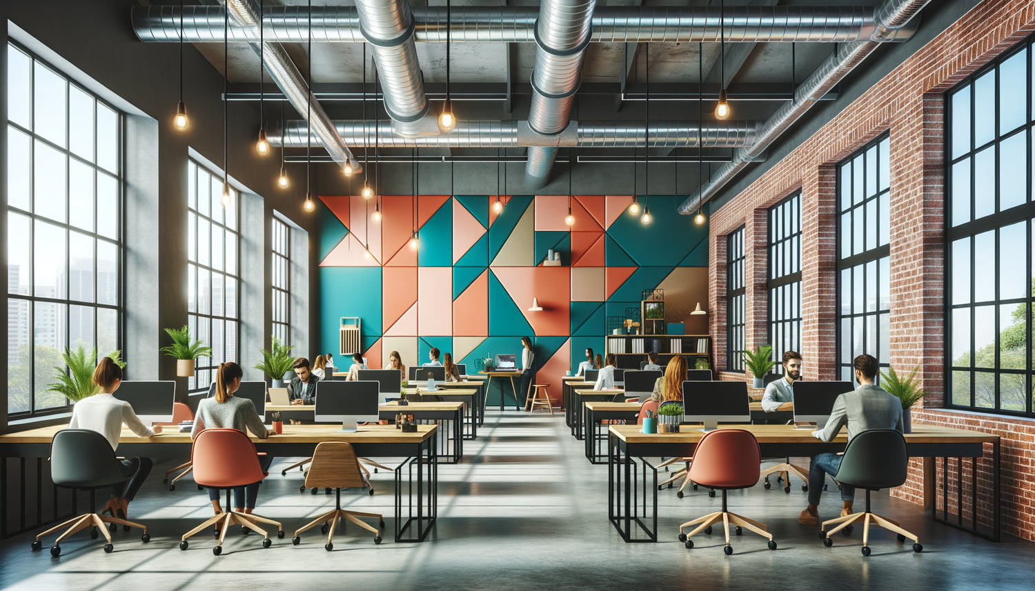 Espace de coworking moderne avec tableau mural coloré définissant l'identité visuelle du lieu