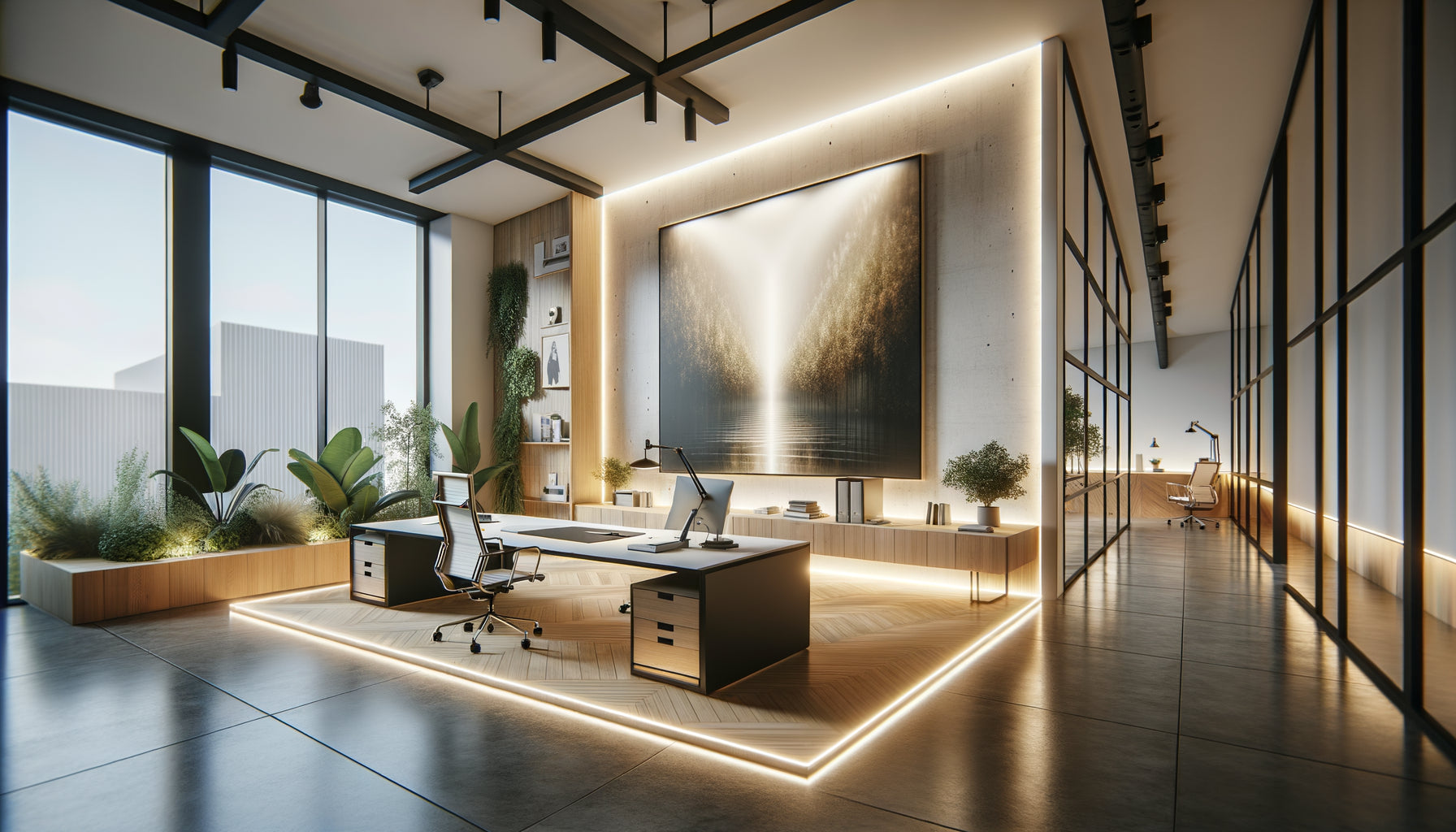 Bureau moderne avec tableau mural lumineux LED créant une ambiance professionnelle inspirante et chaleureuse