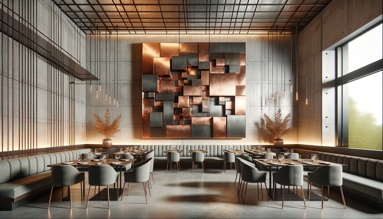 Grand tableau mural métallique abstrait géométrique dans un restaurant contemporain au design industriel épuré