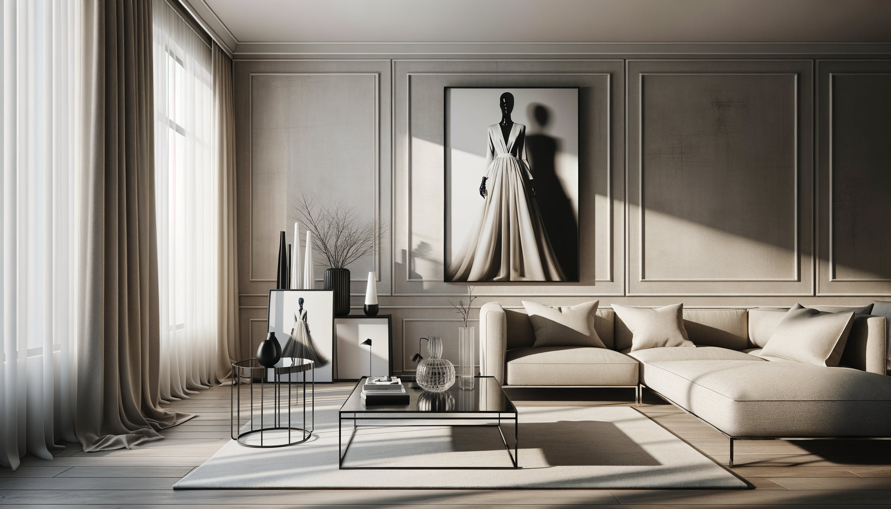 Intérieur contemporain élégant avec tableau mural mode noir et blanc associé harmonieusement à des meubles design épurés