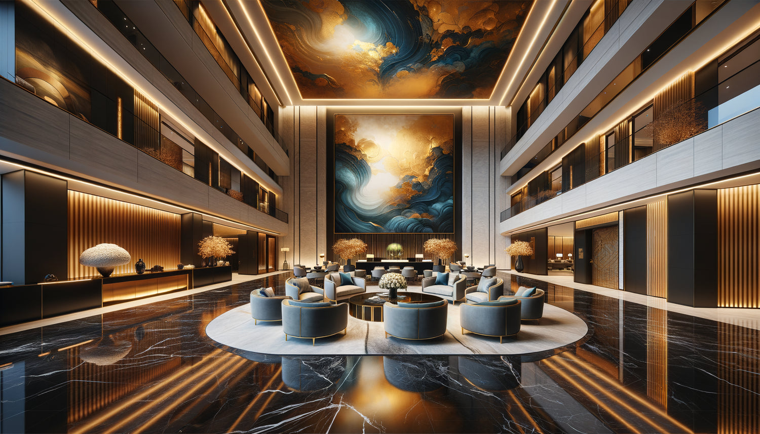 Hall d'hôtel de luxe contemporain avec tableau mural abstrait monumental en bleu et or, architecture sophistiquée et éclairage architectural
