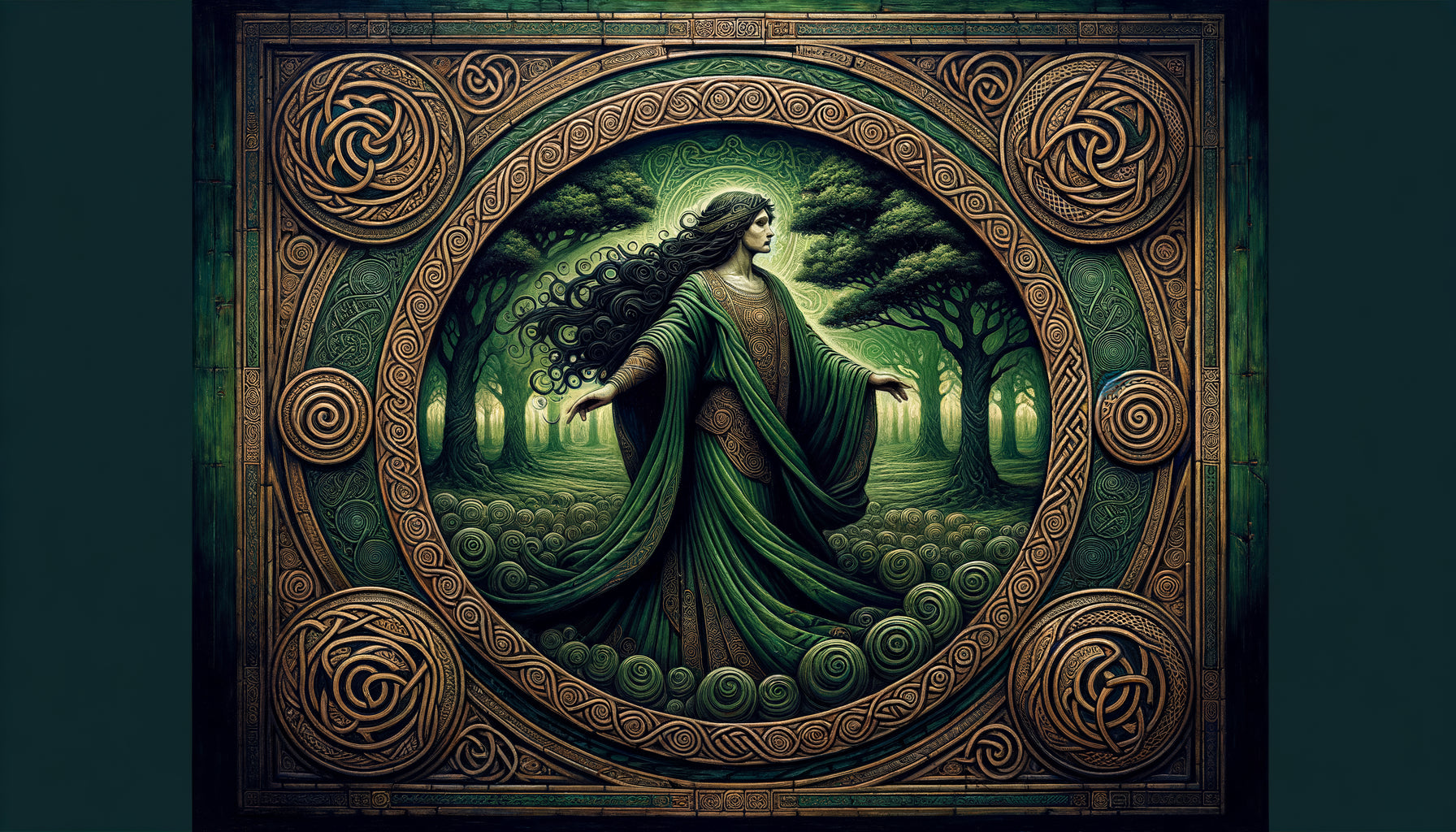 Peinture murale de mythologie celte avec motifs entrelacés traditionnels, divinité celtique et symboles triskèles, style art insulaire médiéval