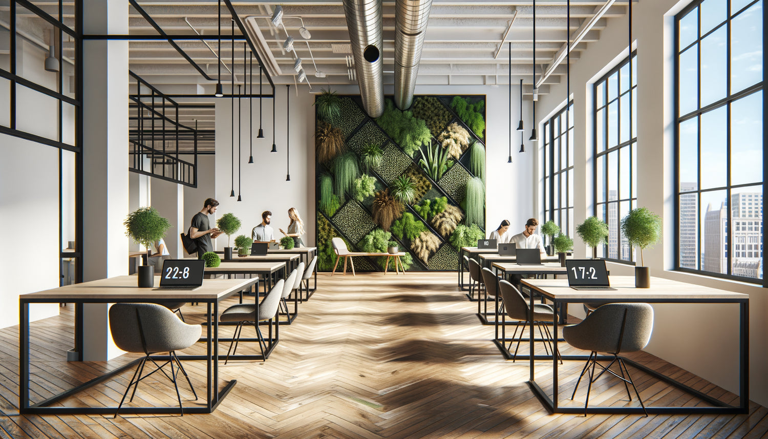 Tableau mural végétal organique avec mousses stabilisées dans un espace de coworking moderne et lumineux