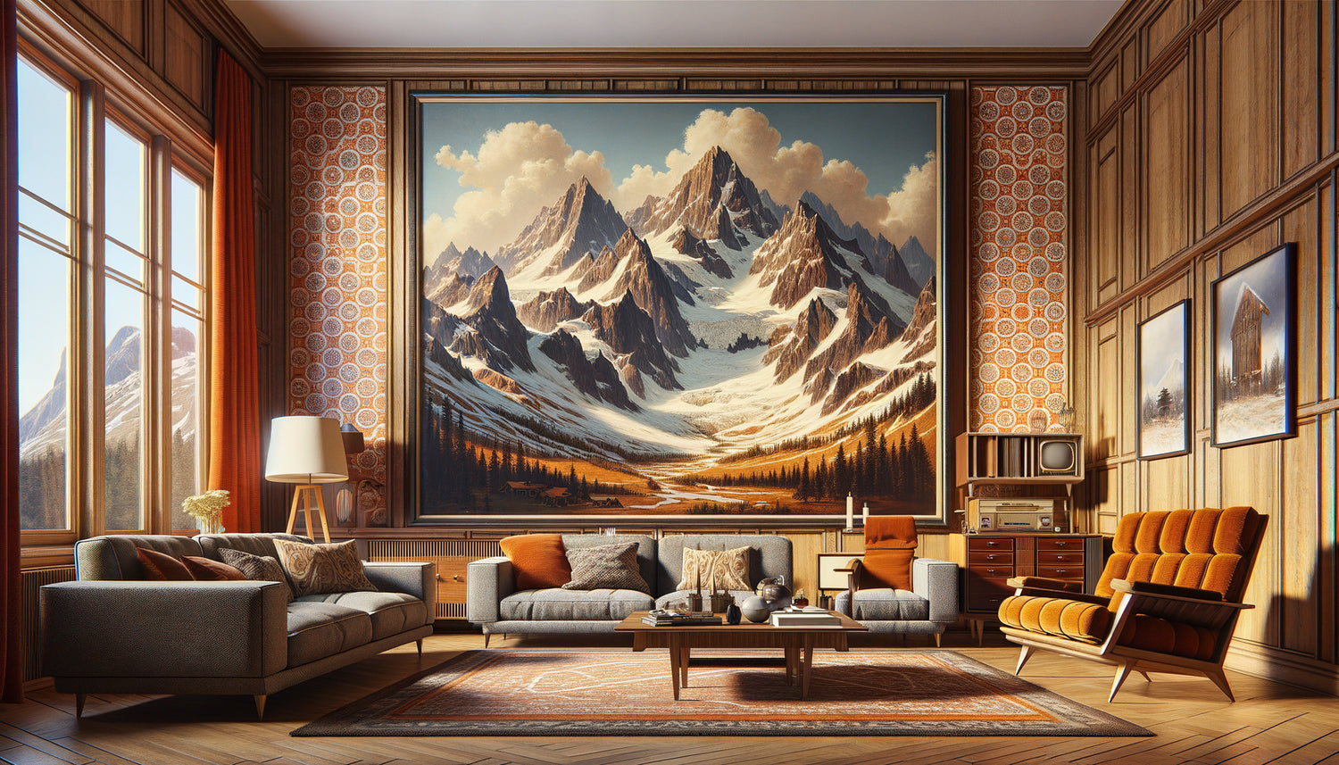 Grand tableau mural de paysage alpin vintage dans un salon typique des années 1960, décoration populaire de l'époque