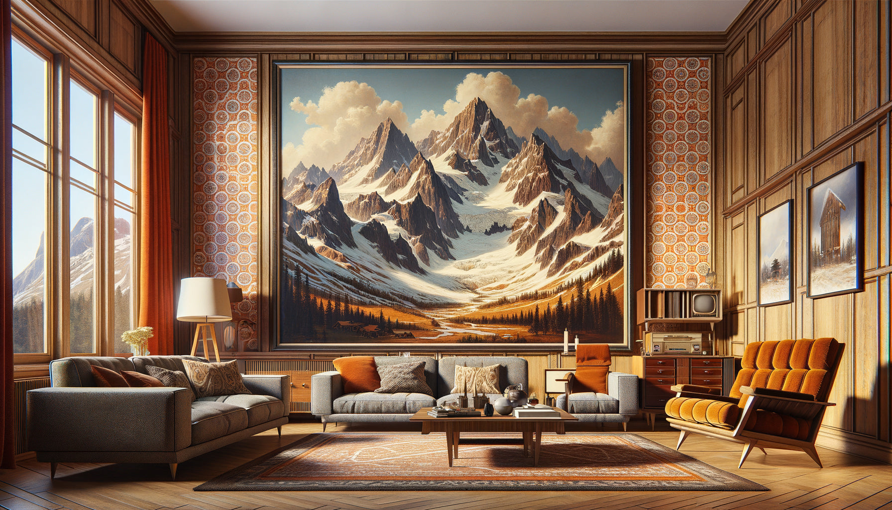 Grand tableau mural de paysage alpin vintage dans un salon typique des années 1960, décoration populaire de l'époque