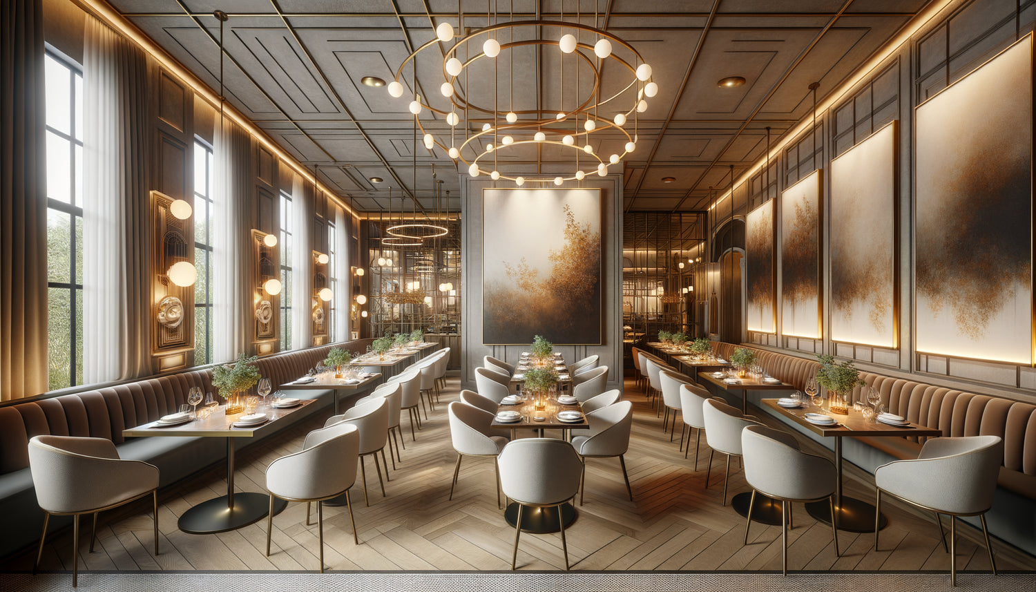 Salle de restaurant contemporaine élégante avec grand tableau mural aux proportions idéales pour 40 couverts