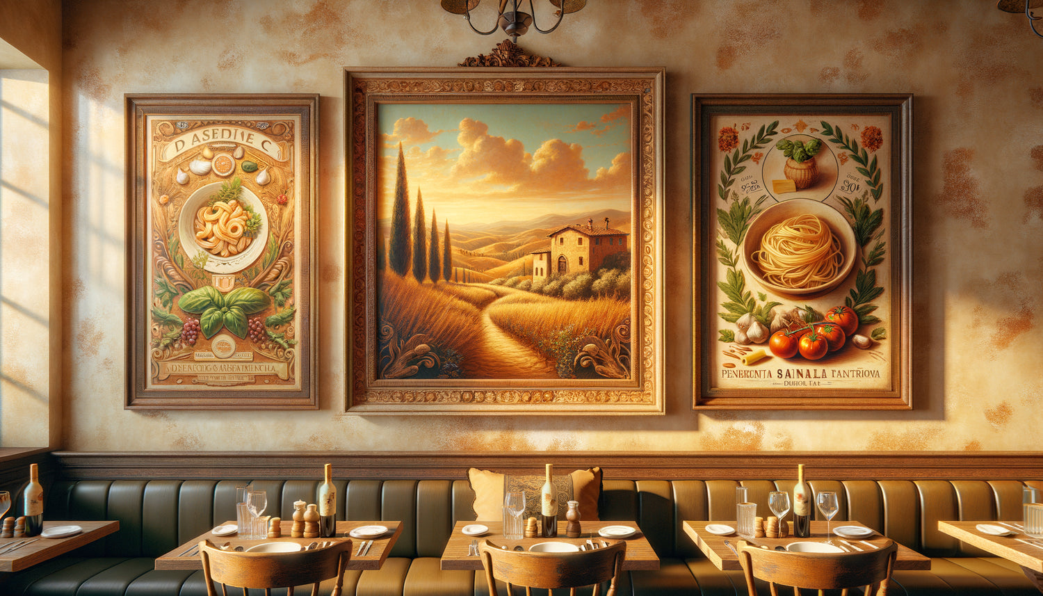 Mur de restaurant italien traditionnel avec tableau paysage toscan, affiche vintage et nature morte gastronomique