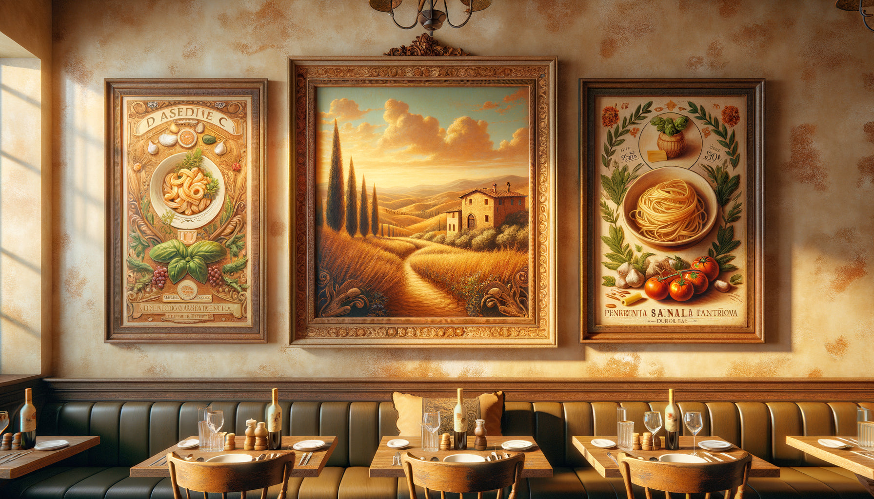 Mur de restaurant italien traditionnel avec tableau paysage toscan, affiche vintage et nature morte gastronomique