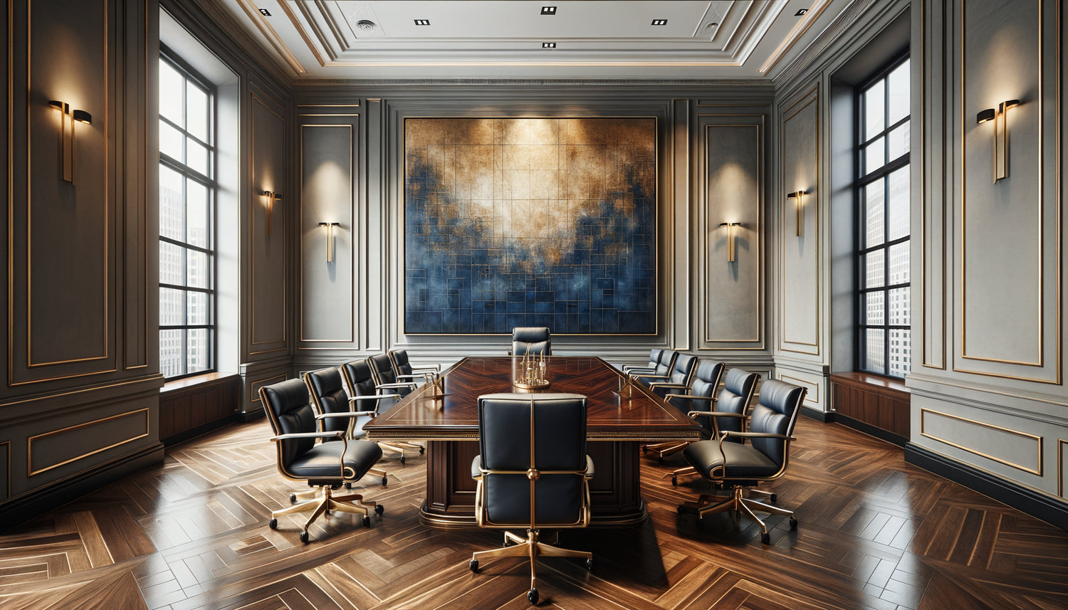 Tableau mural monumental abstrait bleu marine et or dans salle de conférences prestigieuse de cabinet d'avocats