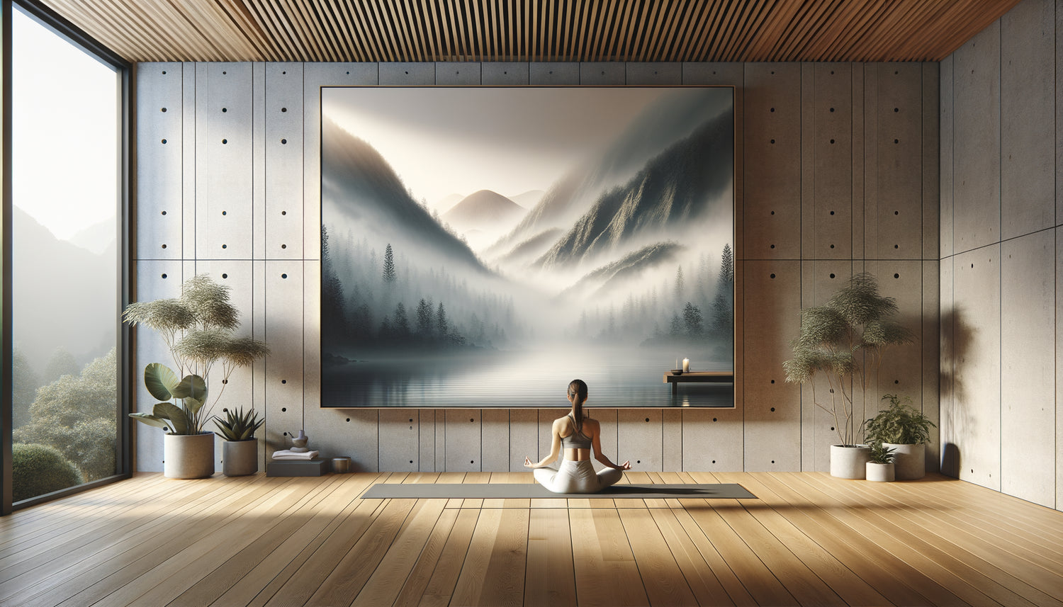 Studio de yoga moderne avec grand tableau mural apaisant de paysage montagneux, pratiquante en méditation face à l'œuvre
