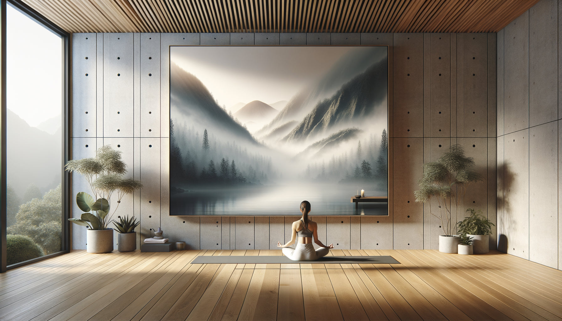 Studio de yoga moderne avec grand tableau mural apaisant de paysage montagneux, pratiquante en méditation face à l'œuvre