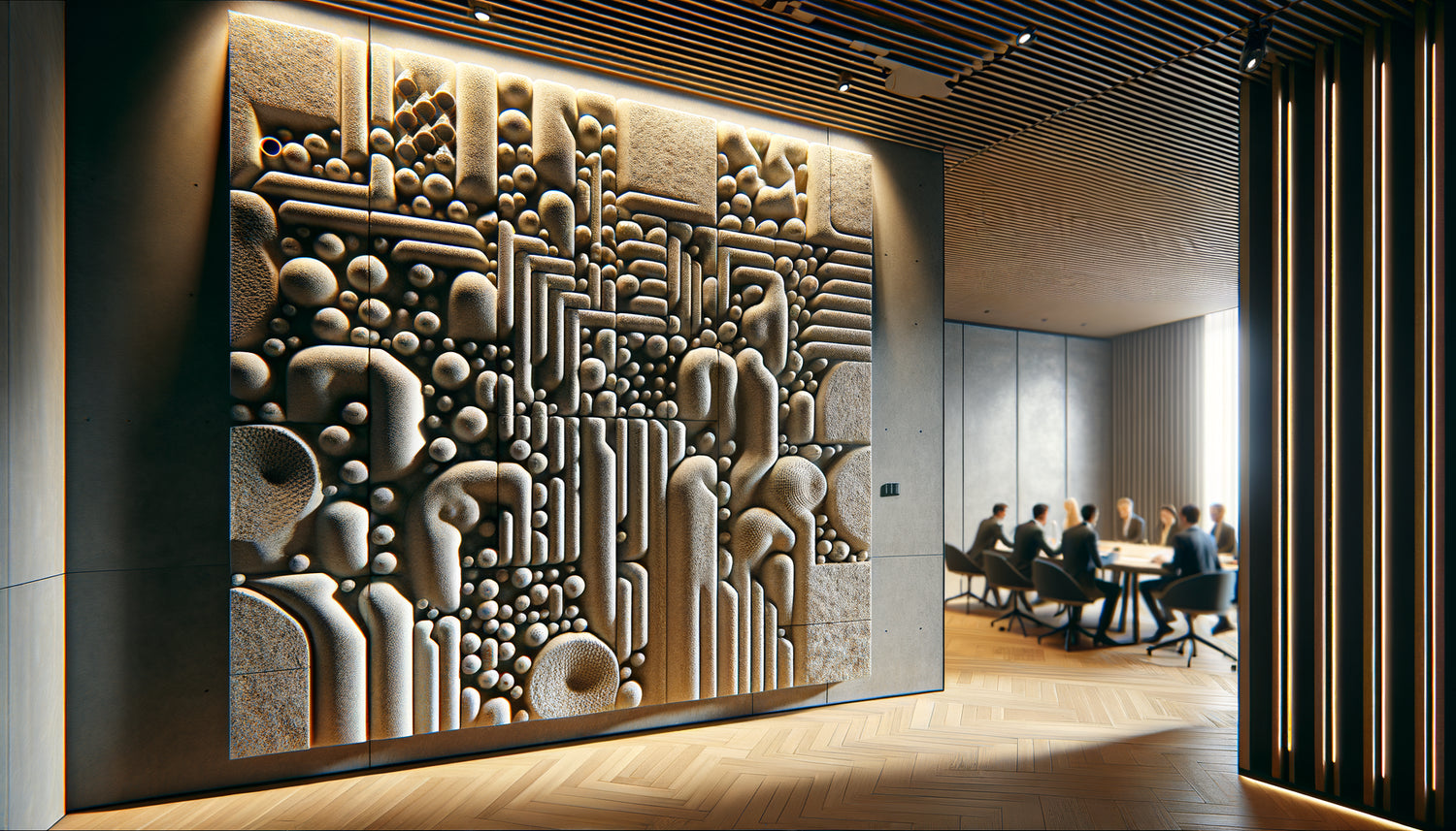 Panneau mural texturé acoustique en relief dans un espace de coworking moderne, texture dimensionnelle absorbant le son