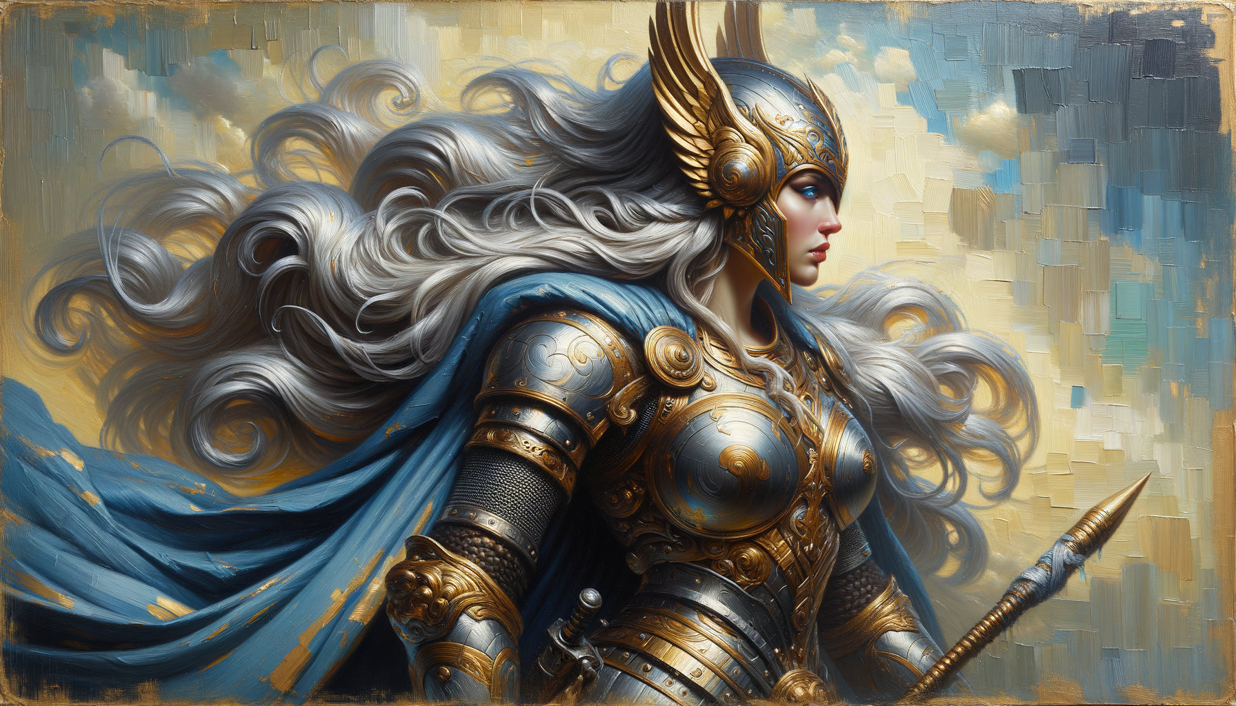 Détail macro d'un tableau à l'huile de Valkyrie montrant la texture des coups de pinceau et la profondeur de la peinture