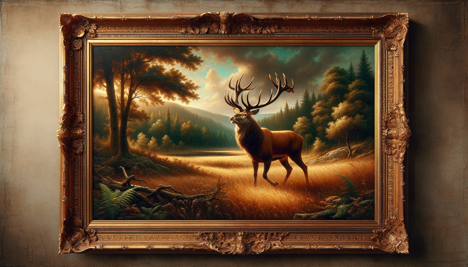 Tableau mural vintage académique du 19ème siècle représentant un cerf majestueux, style naturaliste classique avec cadre doré ancien