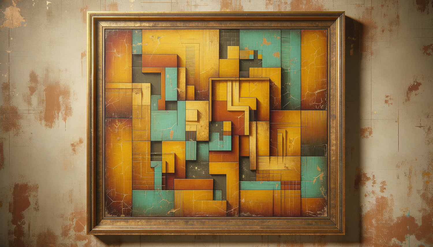 Gros plan d'un tableau mural vintage années 1950 montrant patine naturelle, craquelures authentiques et cadre doré vieilli