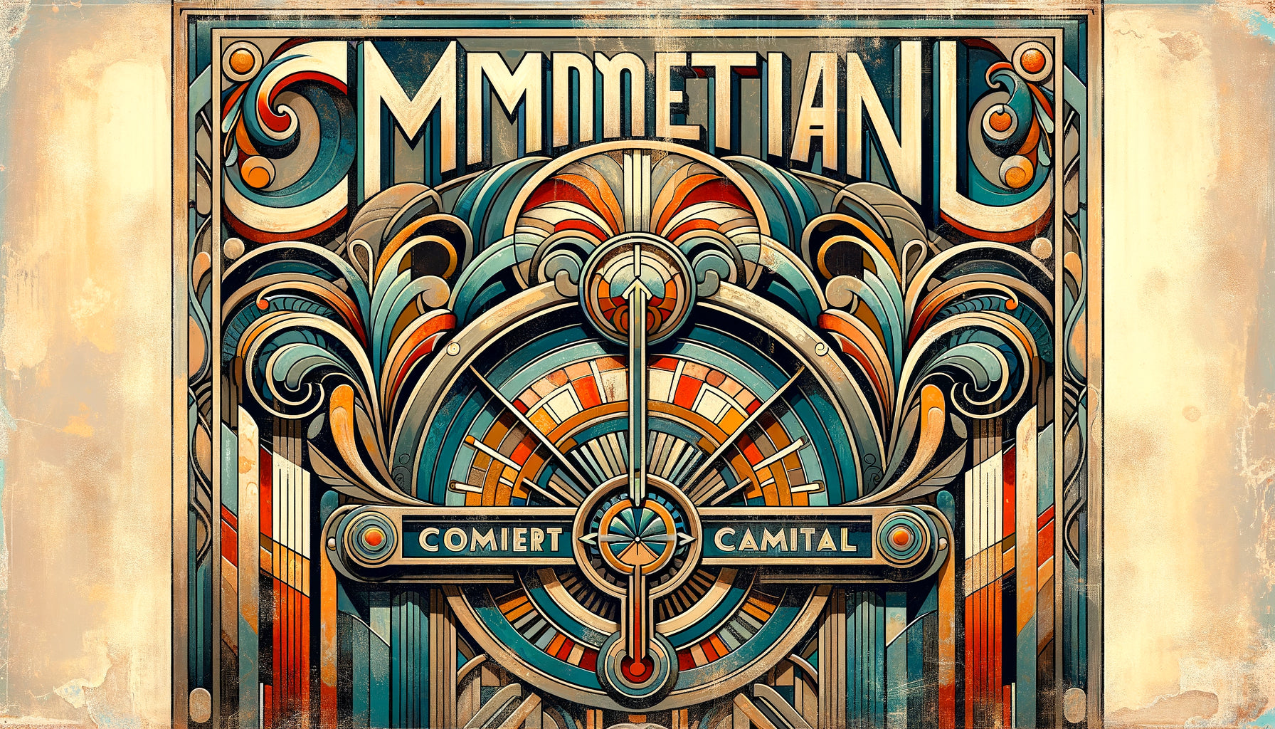 Tableau mural vintage commercial années 1950 combinant influences Art Nouveau, Art Déco et réalisme social avec patine authentique