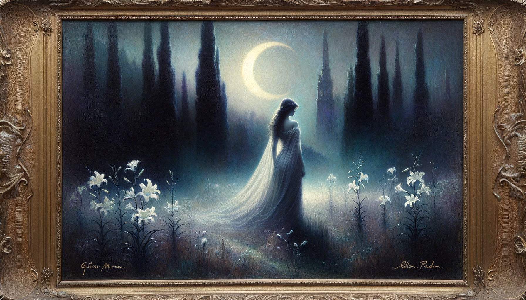 Tableau symboliste vintage 1890-1910, scène onirique mystérieuse avec figure féminine éthérée, paysage nocturne brumeux aux symboles allégoriques