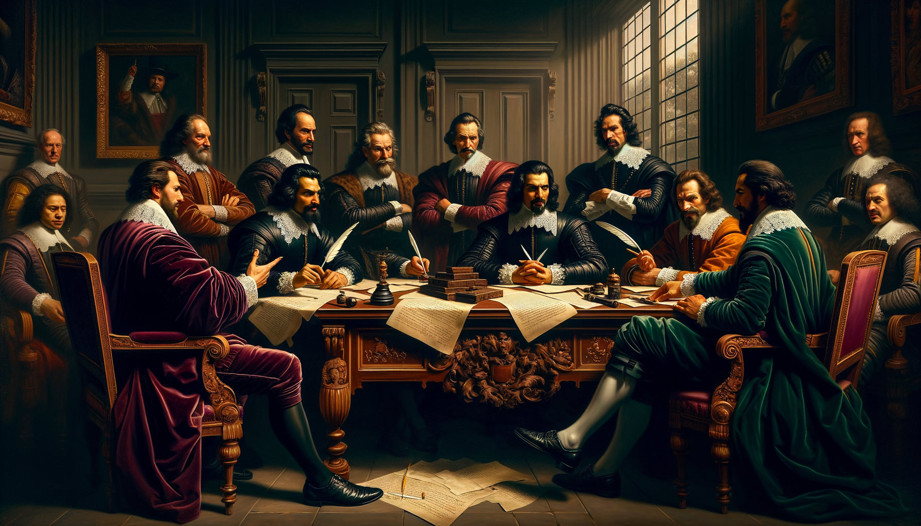 Peinture historique baroque d'une négociation diplomatique du 17ème siècle, hommes en costume d'époque autour d'une table, langage corporel stratégique