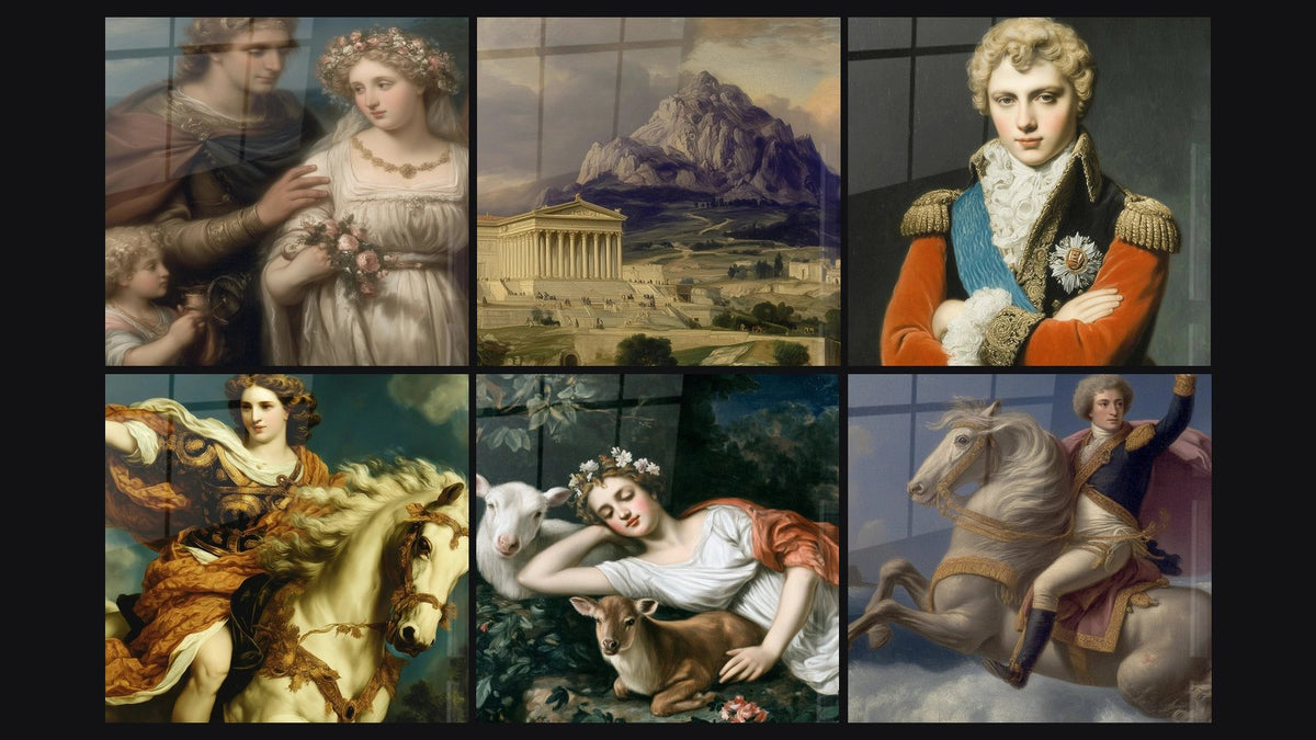 Mosaic of six paintings, including Divine Love Couple, Ancient Temple Splendor and Military Portrait Majestic Presence