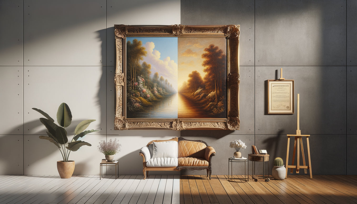 Comparaison visuelle entre tableau contemporain neuf et peinture ancienne d'occasion avec patine authentique