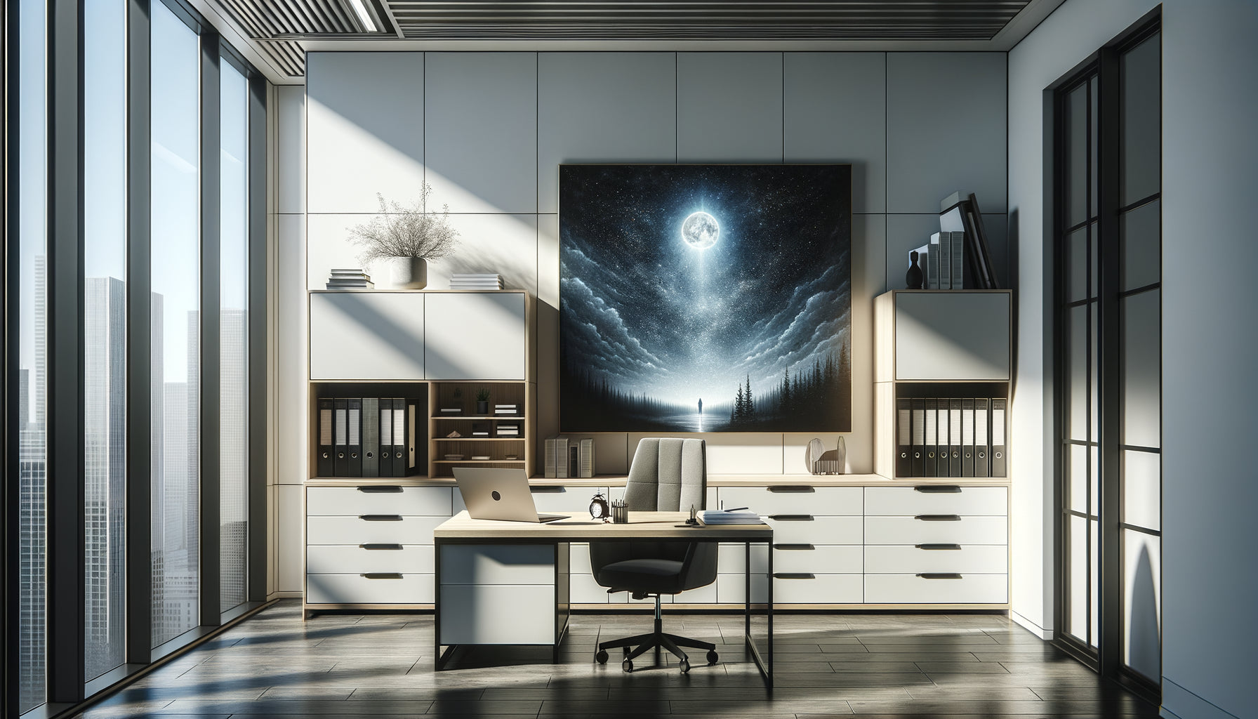 Cabinet professionnel lumineux moderne avec tableau représentant une scène nocturne étoilée, créant un contraste visuel sophistiqué