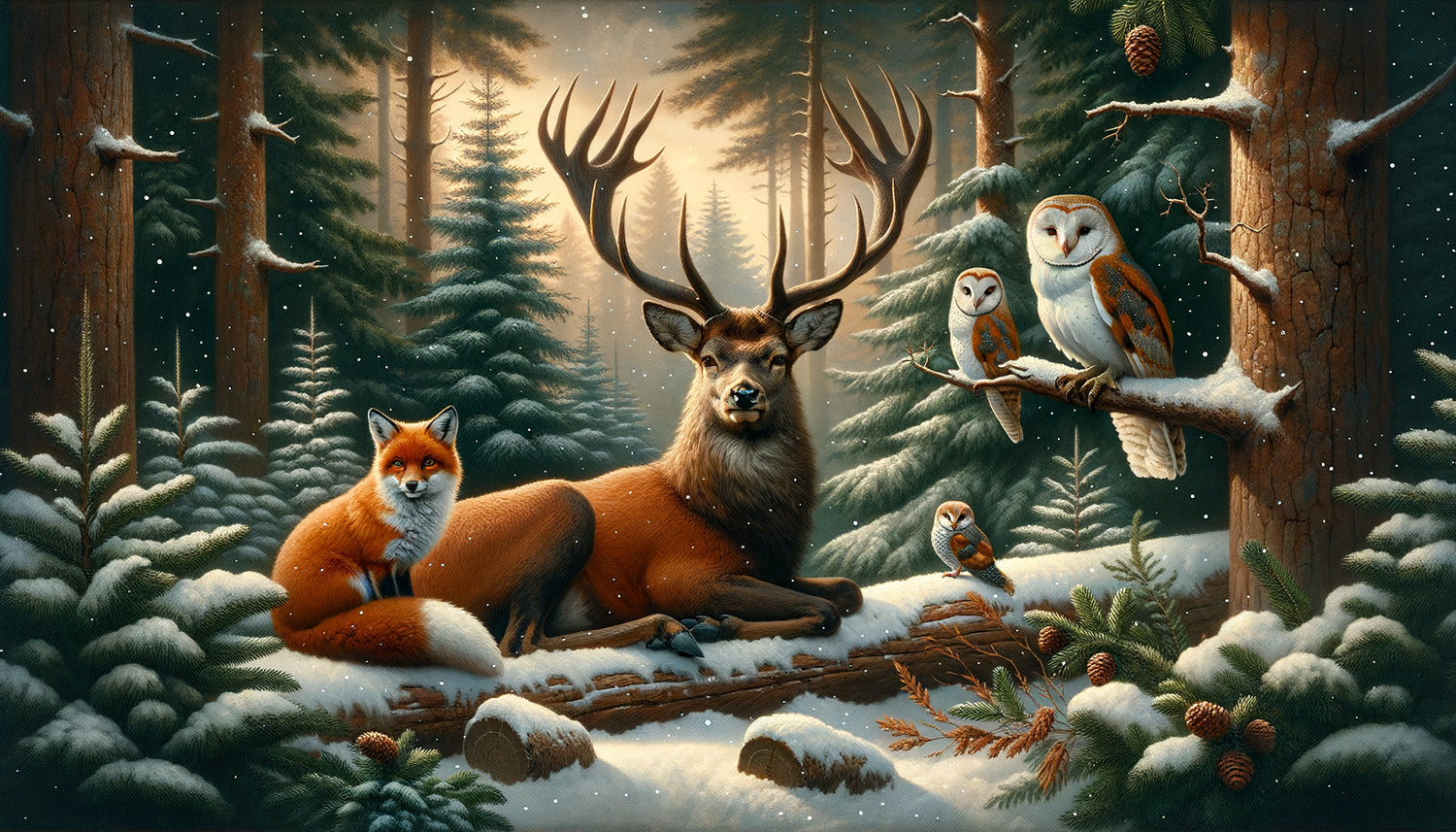 Tableau de Noël élégant représentant un cerf majestueux, un renard roux et un hibou dans une forêt enneigée aux tons chaleureux
