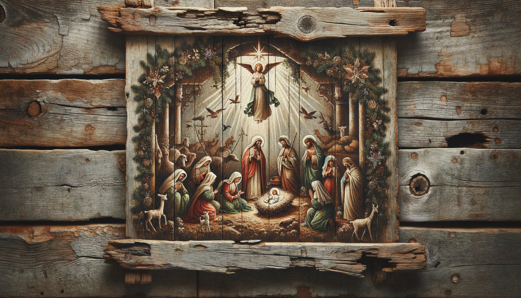 Tableau de Noël peint sur bois vieilli ancien avec patine authentique, texture rustique et imperfections naturelles