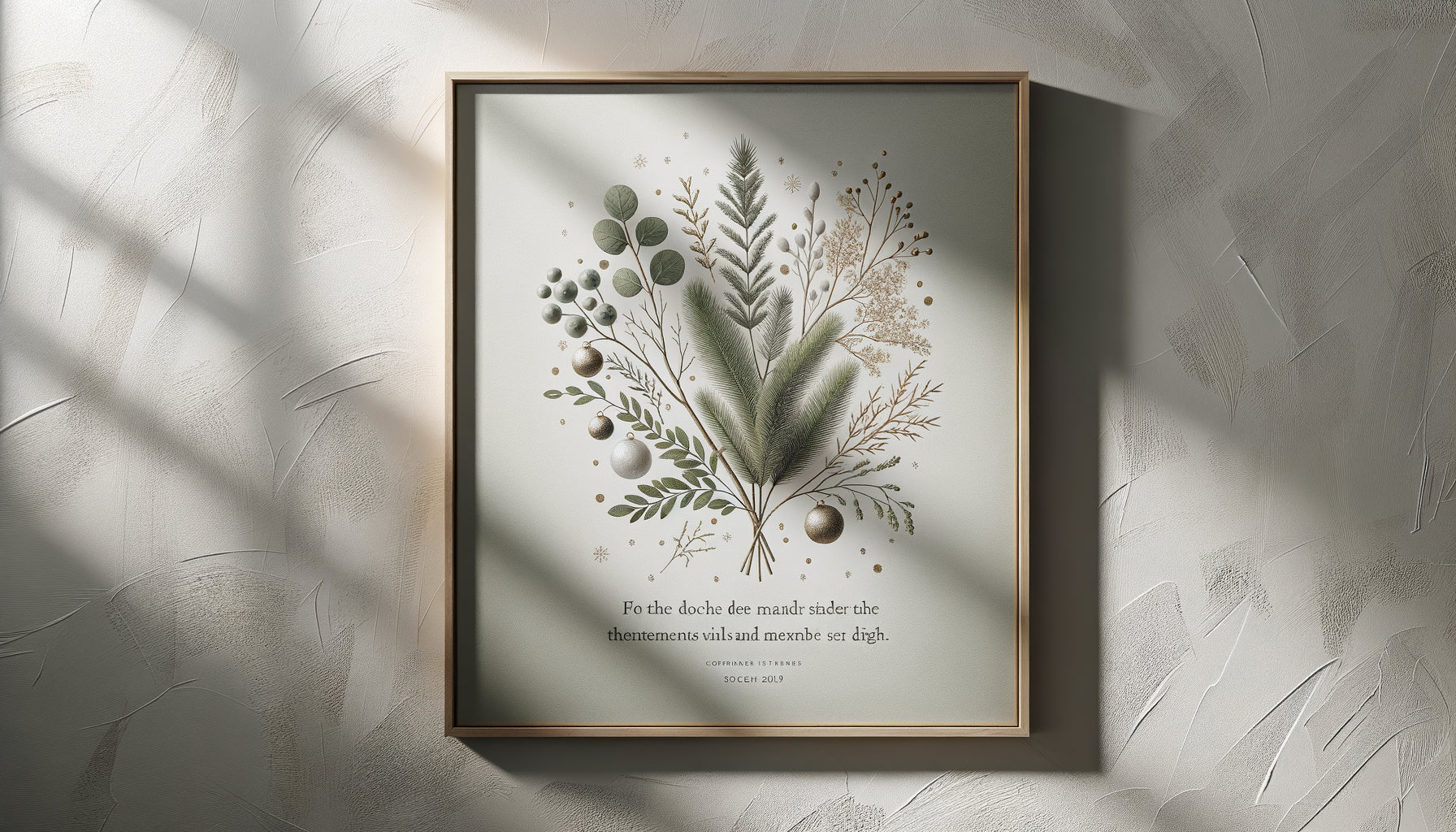 Tableau de Noël contemporain avec citation inspirante, typographie élégante et motifs botaniques hivernaux, décoration raffinée sans kitsch