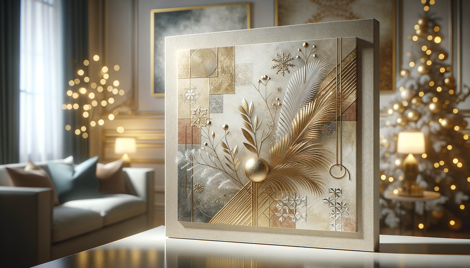 Tableau de Noël contemporain abstrait avec dorures élégantes et tons champagne, décoration festive raffinée et sophistiquée