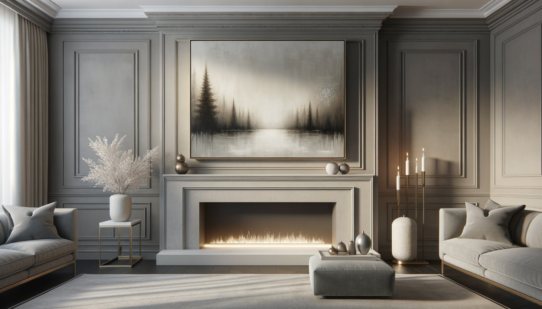 Tableau hivernal minimaliste et sophistiqué aux tons neutres dans un intérieur contemporain élégant, évoquant subtilement Noël