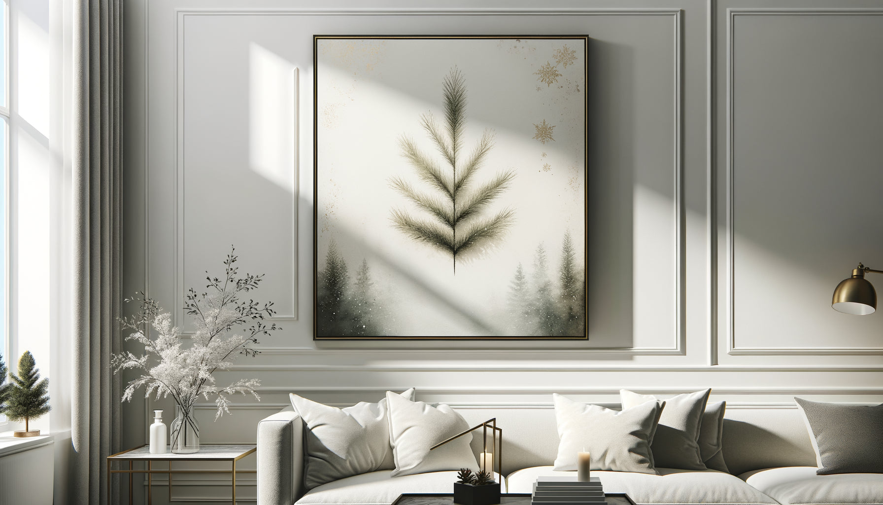 Tableau de Noël minimaliste et élégant aux tons épurés dans intérieur contemporain sophistiqué