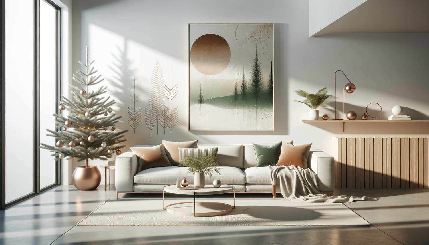 Salon contemporain minimaliste avec tableau de Noël abstrait aux tons neutres et modernes