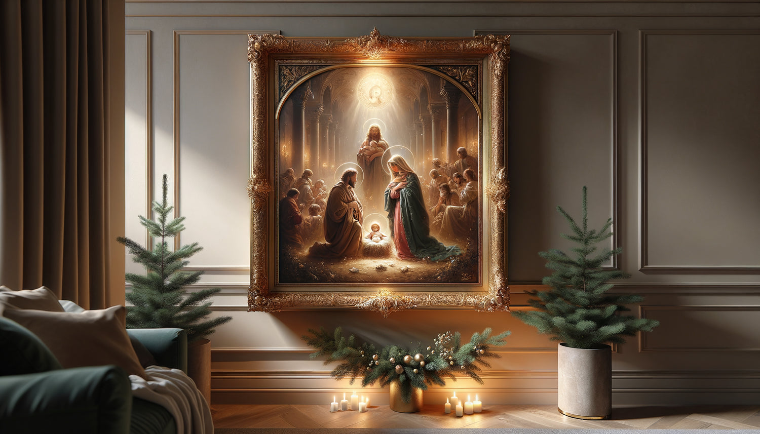 Tableau traditionnel de la Nativité avec cadre doré exposé sur mur contemporain d'intérieur moderne minimaliste