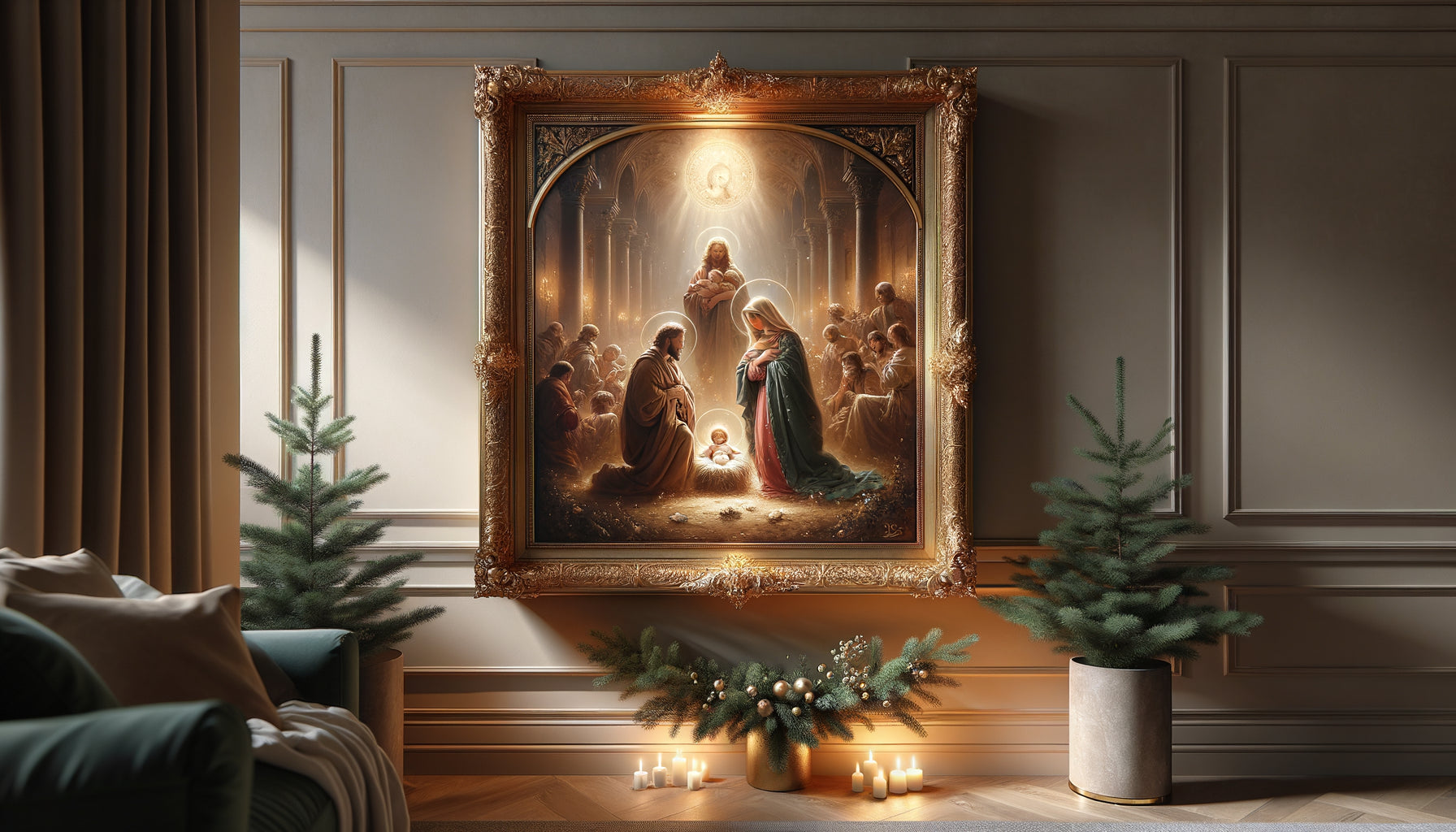 Tableau traditionnel de la Nativité avec cadre doré exposé sur mur contemporain d'intérieur moderne minimaliste