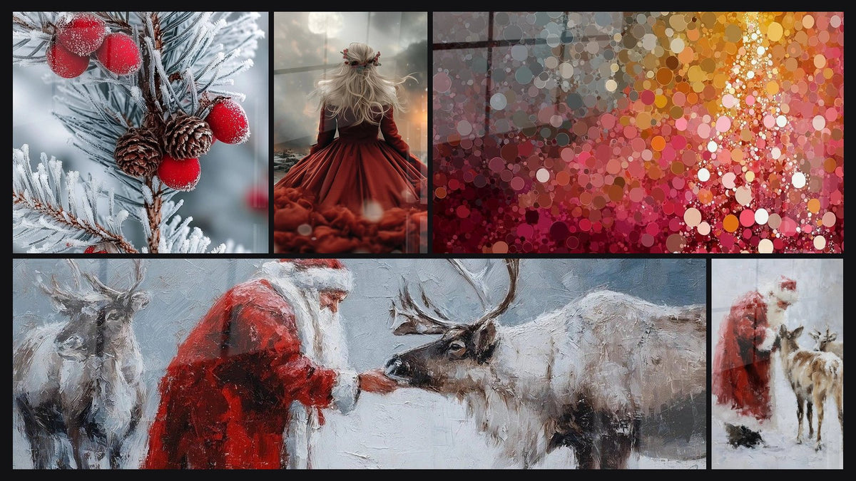 Mozaïek van vijf schilderijen, waaronder Vrolijk Winters Tafereel, Karmijnrood Vrouw en Feestelijke karmozijnrode kerstboom