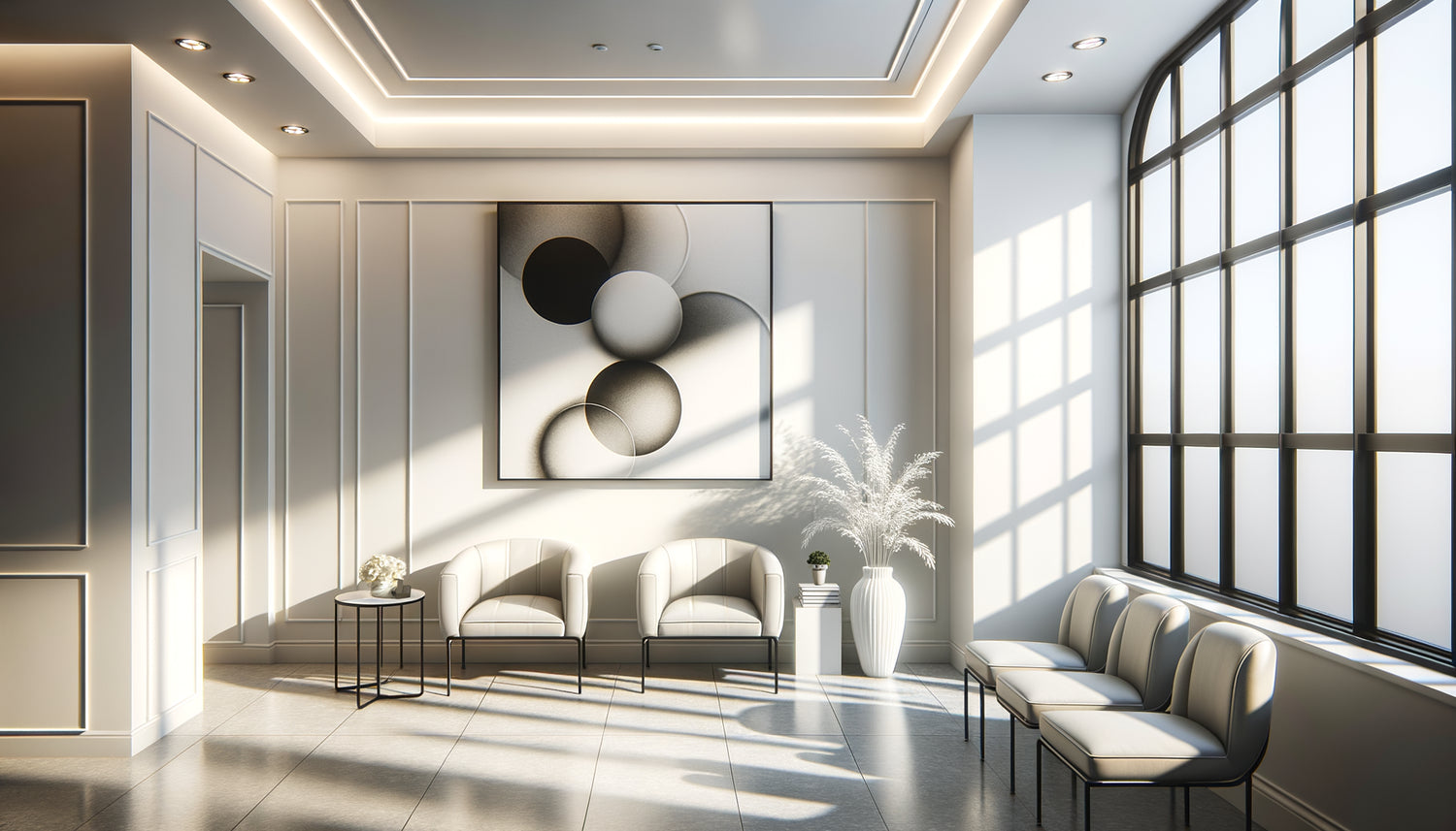 Tableau noir et blanc abstrait apaisant dans un cabinet médical moderne aux murs blancs épurés